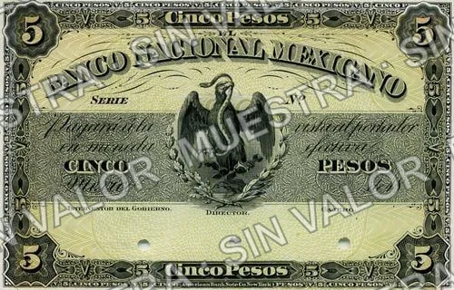 5 pesos, Banco Nacional Mexicano (M309), M309s $5 Banco Nacional Mexicano specimen, anverso
