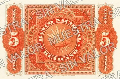 5 pesos, Banco Nacional Mexicano (M309), M309s $5 Banco Nacional Mexicano specimen, reverso