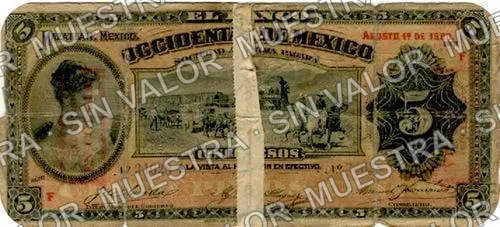 5 pesos, Banco Occidental de México (M495), anverso (M495e $5 overprinted 'PAGADERO EN COLIMA')