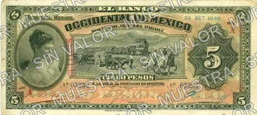 5 pesos, Banco Occidental de México (M495), anverso (M495f $5 overprinted 'CULIACAN')
