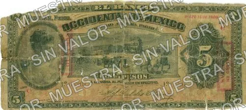 5 pesos, Banco Occidental de México (M495), M495g $5 overprinted 'PAGADERO EN GUAYMAS', anverso