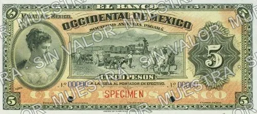 5 pesos, Banco Occidental de México (M495), M495s $5 Banco Occidental de México specimen, anverso