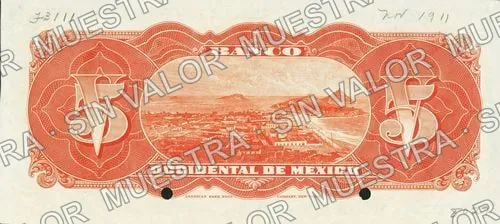 5 pesos, Banco Occidental de México (M495), M495s $5 Banco Occidental de México specimen, reverso