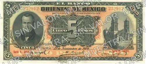 5 pesos, Banco Oriental de México (M460), M460c $5 Banco Oriental de México, anverso