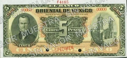5 pesos, Banco Oriental de México (M460), anverso (M460s $5 Banco Oriental de México specimen)