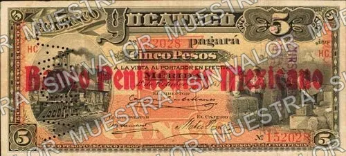 5 pesos, Banco Peninsular Mexicano (M554), M554c $5 overprinted 'SUCURSAL EN CAMPECHE' and needlepunched 'LAGUNA', anverso
