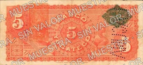 5 pesos, Banco Peninsular Mexicano (M554), M554c $5 overprinted 'SUCURSAL EN CAMPECHE' and needlepunched 'LAGUNA', reverso