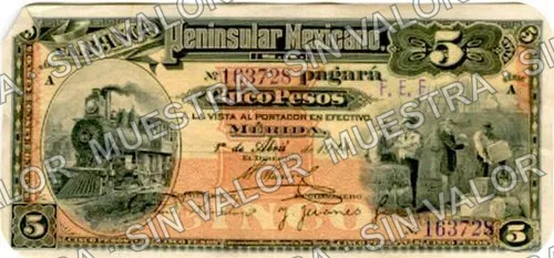 5 pesos, Banco Peninsular Mexicano (M561), anverso (M561a $5 stamped "F. E. F.")
