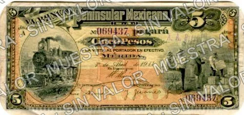 5 pesos, Banco Peninsular Mexicano (M561), anverso (M561a $5 stamped "A. A. P.")