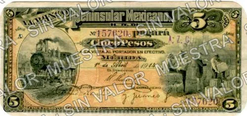 5 pesos, Banco Peninsular Mexicano (M561), anverso (M561a $5 stamped "A. Z. C.")