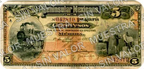 5 pesos, Banco Peninsular Mexicano (M561), anverso (M561a $5 stamped "P. A. C.")
