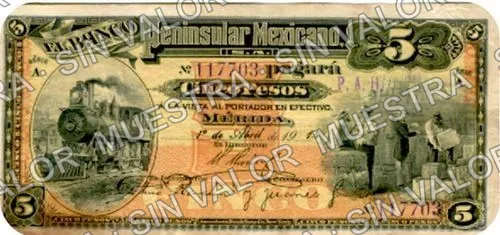 5 pesos, Banco Peninsular Mexicano (M561), anverso (M561a $5 stamped "P. A. H.")