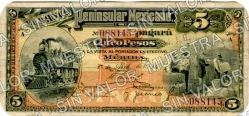 5 pesos, Banco Peninsular Mexicano (M561), anverso (M561a $5 stamped "J. J. G.")