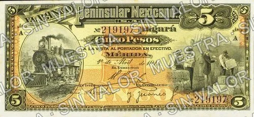 5 pesos, Banco Peninsular Mexicano (M561), anverso (M561a $5 Banco Peninsular Mexicano)