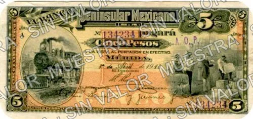 5 pesos, Banco Peninsular Mexicano (M561), anverso (M561a $5 stamped "A. O. P.")