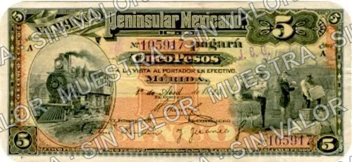 5 pesos, Banco Peninsular Mexicano (M561), anverso (M561a $5 stamped "J. B. G.")
