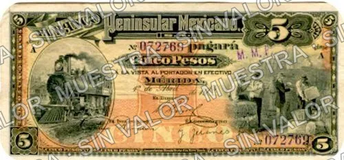 5 pesos, Banco Peninsular Mexicano (M561), anverso (M561a $5 stamped "M. M. P.")