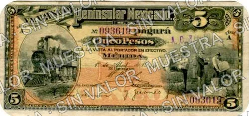 5 pesos, Banco Peninsular Mexicano (M561), anverso (M561a $5 stamped "A. C. Z.")