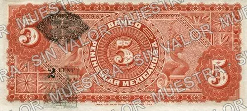 5 pesos, Banco Peninsular Mexicano (M561), reverso (M561a $5 Banco Peninsular Mexicano)