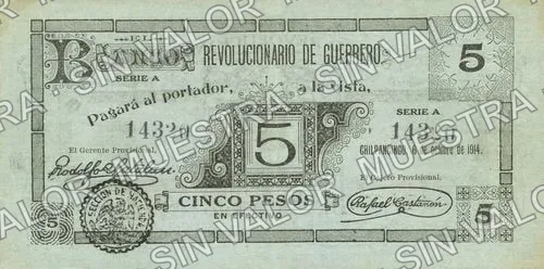 5 pesos, Banco Revolucionario de Guerrero (M1851), M1851a $5 Banco Revolucionario de Guerrero, anverso