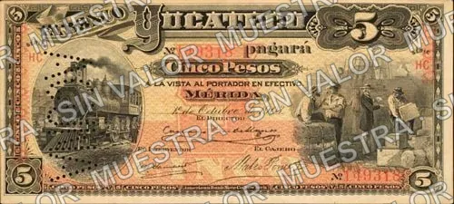 5 pesos, Banco Yucateco (M564), anverso (M564d $5 needlepunched 'LAGUNA')