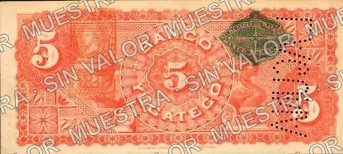 5 pesos, Banco Yucateco (M564), reverso (M564d $5 needlepunched 'LAGUNA')