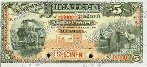 5 pesos, Banco Yucateco (M564), anverso (M564s $5 Banco Yucateco specimen)