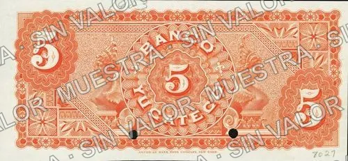 5 pesos, Banco Yucateco (M564), reverso (M564s $5 Banco Yucateco specimen)