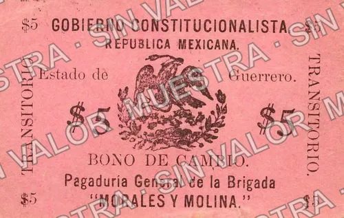 5 pesos, Brigada Morales y Molina (M1890), M1890 $5 Brigada Morales y Molina, anverso