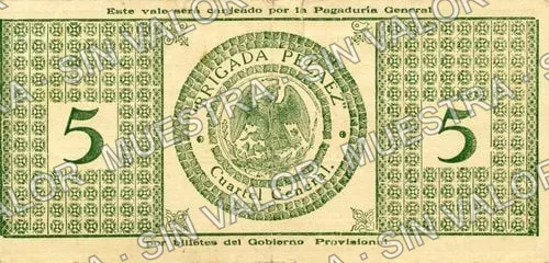 5 pesos, Brigada Peláez (M3951), M3951 $5 Brigada Peláez, reverso