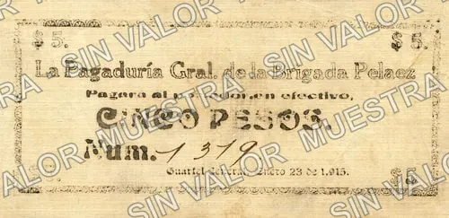 5 pesos, Brigada Peláez (M3958), anverso