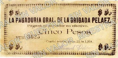 5 pesos, Brigada Peláez (M3958), anverso (M3958b $5 Brigada Peláez)