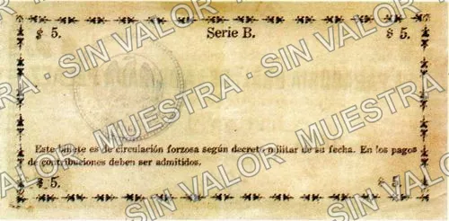 5 pesos, Brigada Peláez (M3958), reverso (M3958b $5 Brigada Peláez)