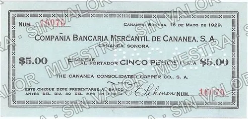 5 pesos, Cananea Consolidated Copper Co (M4450), anverso