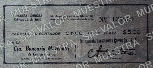 5 pesos, Cananea Consolidated Copper Co (M4451), anverso