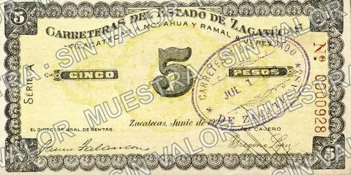 5 pesos, Carreteras del Estado de Zacatecas (M4509), M4509a $5 Carreteras del Estado de Zacatecas, anverso
