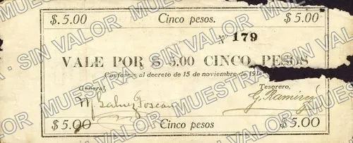 5 pesos, Columna Gálvez Toscano (M2901), anverso (M2901b $5 Columna Gálvez Toscano)