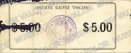 5 pesos, Columna Gálvez Toscano (M2901), reverso