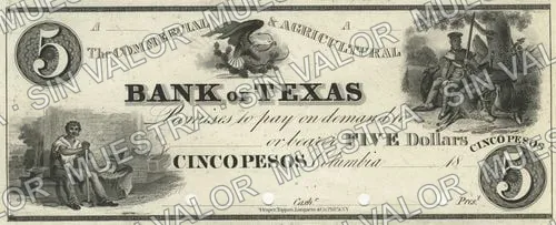 5 pesos, Commercial & Agricultural Bank of Texas proof (M182), M182 $5 Commercial & Agricultural Bank of Texas proof, anverso