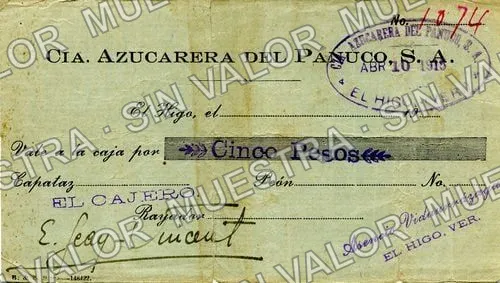 5 pesos, Compañía Azucarera del Pánuco (M4012), M4012 $5 Compañía Azucarera del Pánuco, anverso