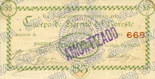 5 pesos, Cuerpo de E. del Noroeste (M3331), M3331c $5 overprinted 'AMORTIZADO', anverso