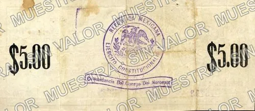 5 pesos, Cuerpo de Ejército del Noroeste (M3713), reverso