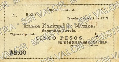 5 pesos, Deutsch-Südamerikanische Bank printed number, handwritten number (M1061), M1061a $5 Deutsch-Südamerikanische Bank (printed number, handwritten number, anverso