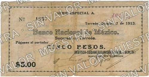 5 pesos, Deutsch-Südamerikanische Bank printed number, handwritten number (M1061), M1061a $5 Deutsch-Südamerikanische Bank (printed number, handwritten number, anverso