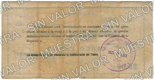 5 pesos, Deutsch-Südamerikanische Bank printed number, handwritten number (M1061), M1061a $5 Deutsch-Südamerikanische Bank (printed number, handwritten number, reverso