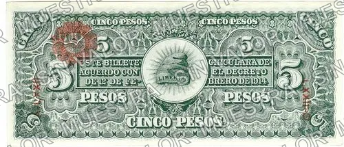 5 pesos, Ejército Constitucionalista (M934), M934a $5 Ejército Constitucionalista, reverso