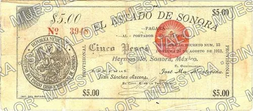 5 pesos, El Estado de Sonora - 1st SeriesPosition 1 (M3816), anverso