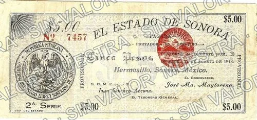5 pesos, El Estado de Sonora - 1st SeriesPosition 1 (M3816), anverso (M3816b $5 El Estado de Sonora - 2nd SeriesPosition 1)