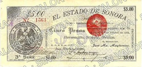 5 pesos, El Estado de Sonora - 1st SeriesPosition 1 (M3816), anverso (M3816c $5 El Estado de Sonora - 3rd SeriesPosition 1)