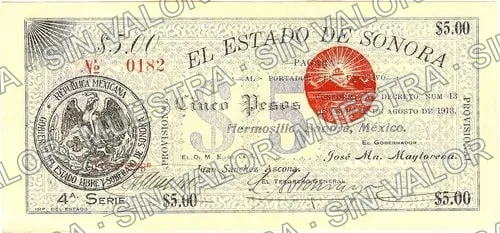 5 pesos, El Estado de Sonora - 1st SeriesPosition 1 (M3816), anverso (M3816d $5 El Estado de Sonora - 4th SeriesPosition 1)